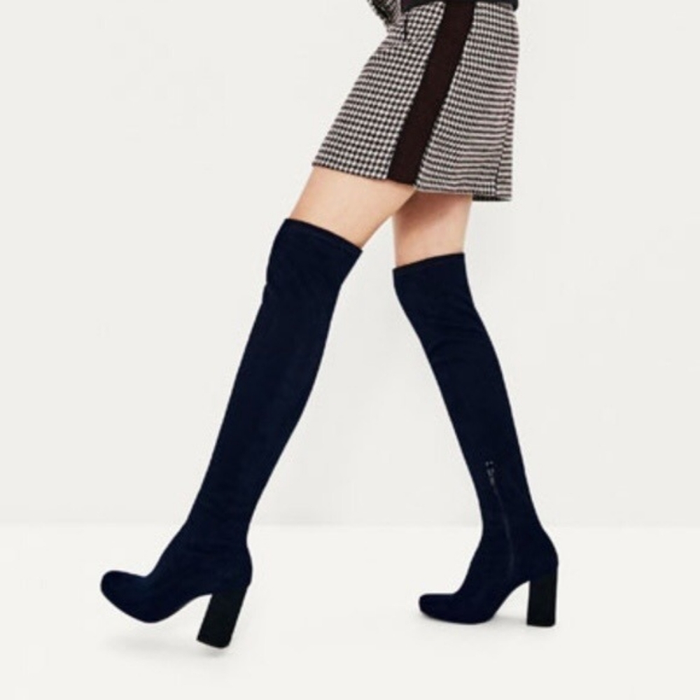 Zara Black Faux Suede Over The Knee Boots (39)